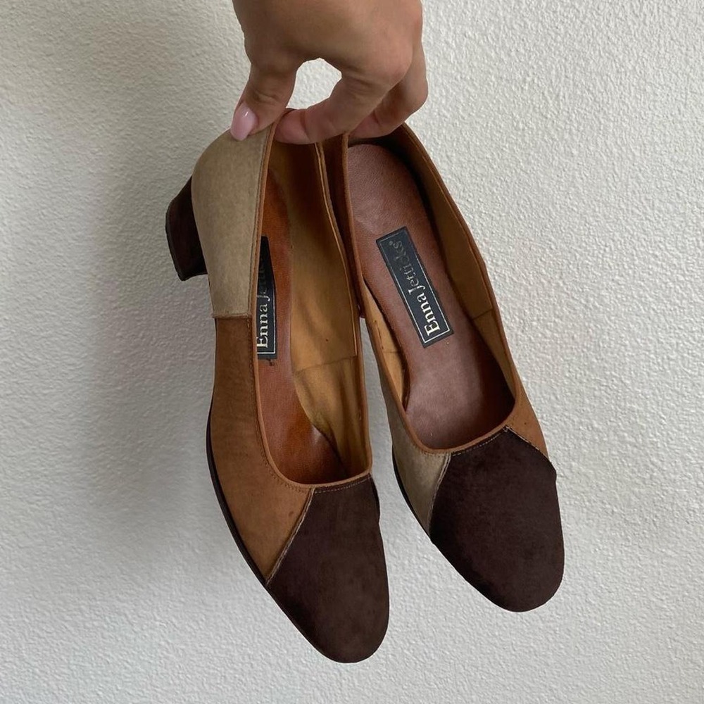 Vintage 1970s Enna Jetticks Brown Patchwork Suede Leather Pump Heels
